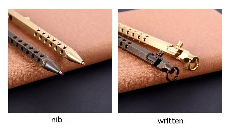 Solid brass hexagonal bolt roller pen with a 0.5mm tip shown in natural brass colour.