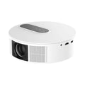 White 720p HD home theatre projector with remote control on wooden surface
