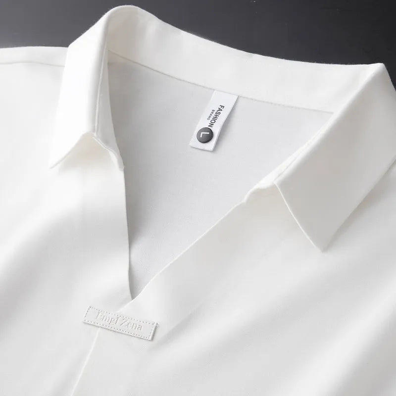 Men's short sleeve lapel polo shirt in cotton blend, slim fit, shown in black, brown, and white.