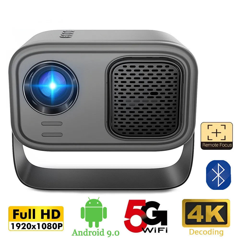 Black portable smart projector with remote control showing 1280x720 HD resolution and Android interface