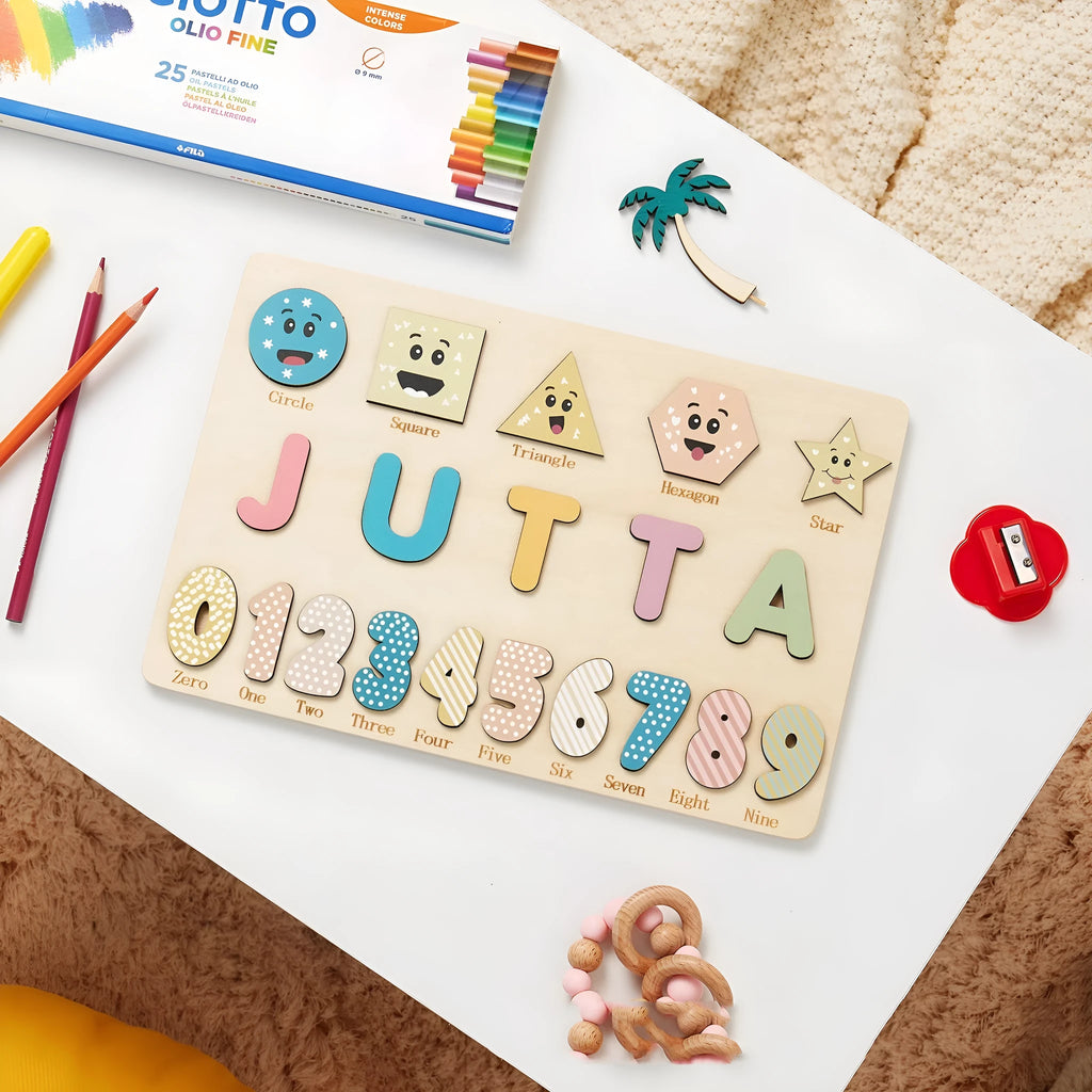 Wooden digital shape recognition puzzle board with hand-holding pieces for infants, 30x20cm to 38x20cm