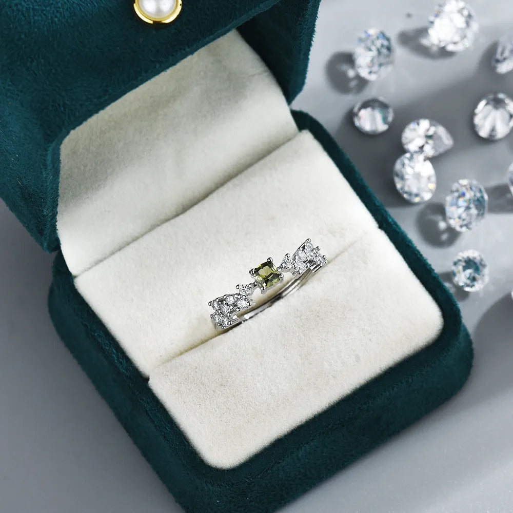 Olive green zircon ring for women, crown shape, adjustable open mouth, copper electroplated white gold tone