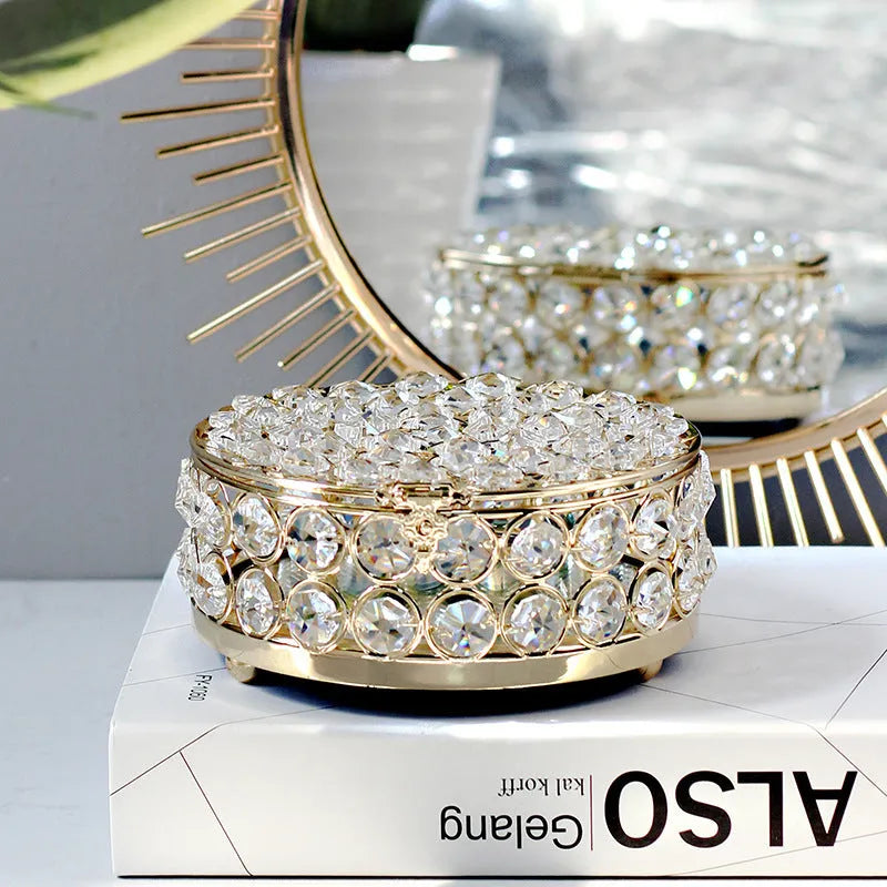 French gold iron frame crystal glass transparent jewelry storage box European style.