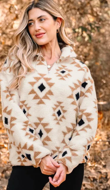 Khaki printed zip collar sweatshirt in polyester fibre, casual daily top, sizes S to 2XL