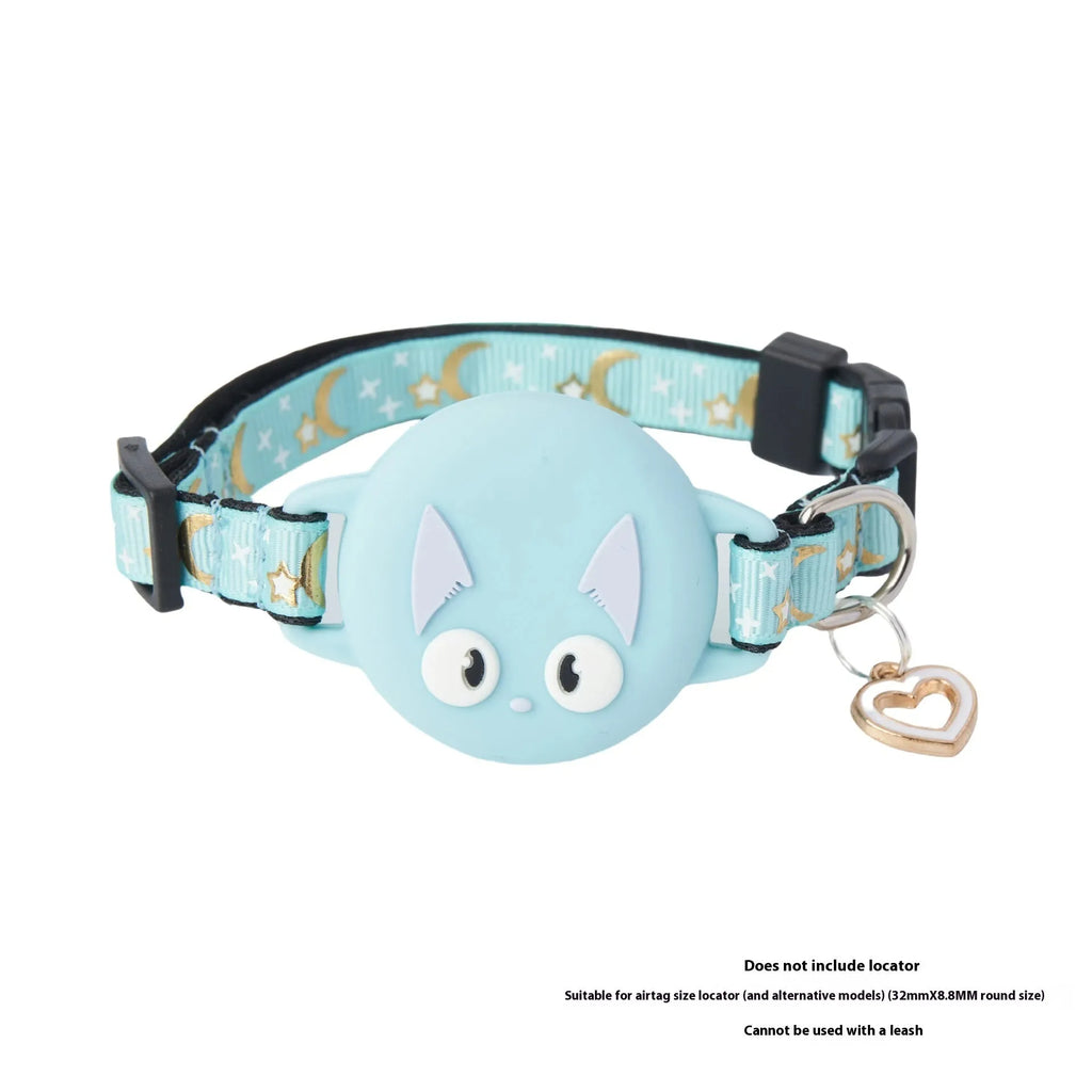 Pink adjustable cat collar with built-in white Apple AirTag protective case on a table.