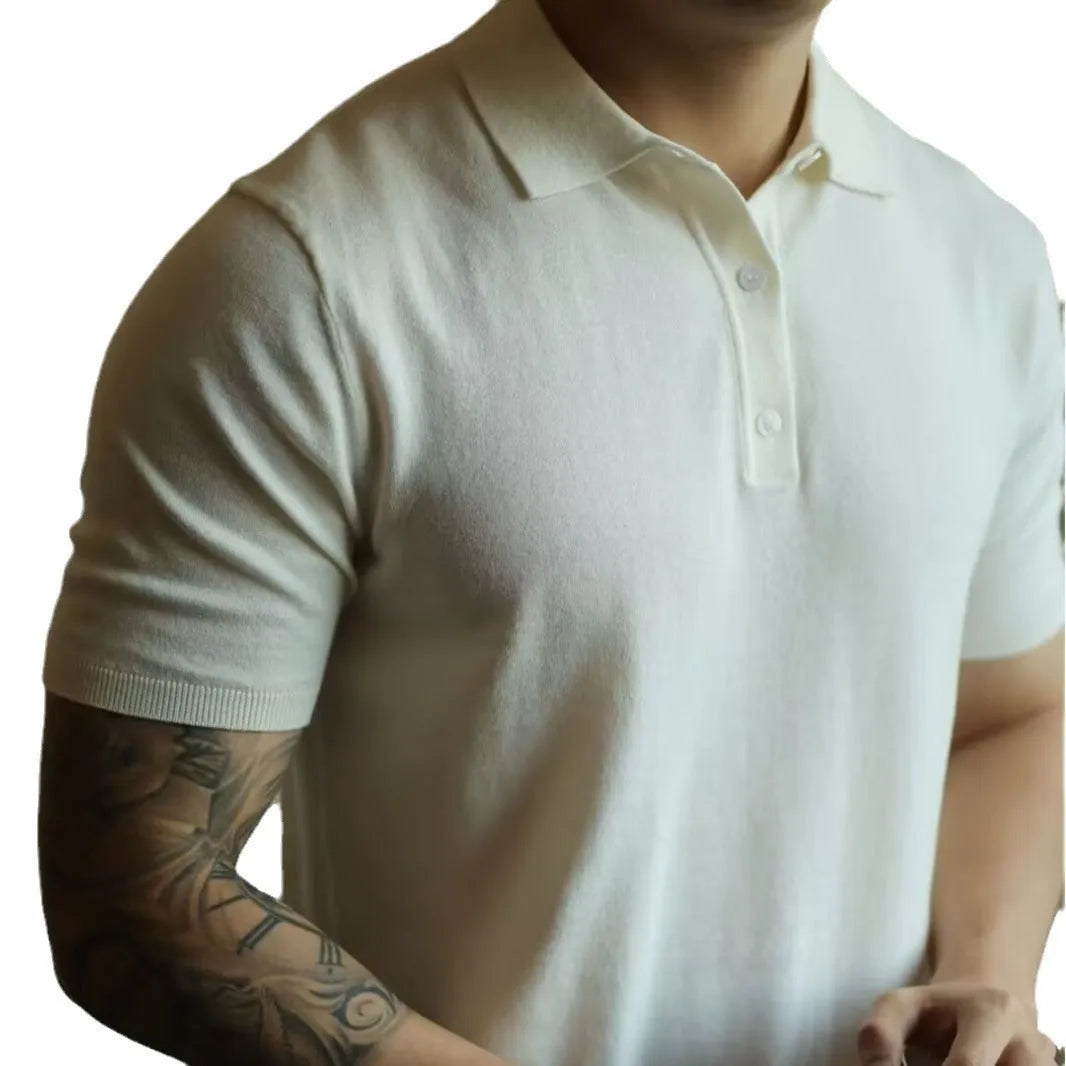 Men's knitted short sleeve polo shirt in cotton ice silk fabric, shown in a selection of available colours.