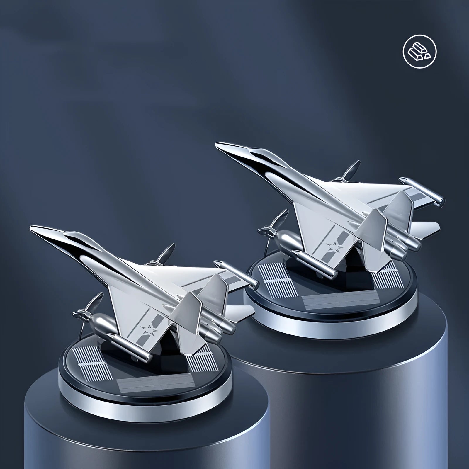 Solar powered rotating aluminium alloy fighter jet shaped car air freshener ornament in silver colour