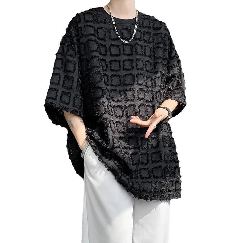 Men's black loose fit short sleeve T-shirt with jacquard texture, sizes M to 3XL
