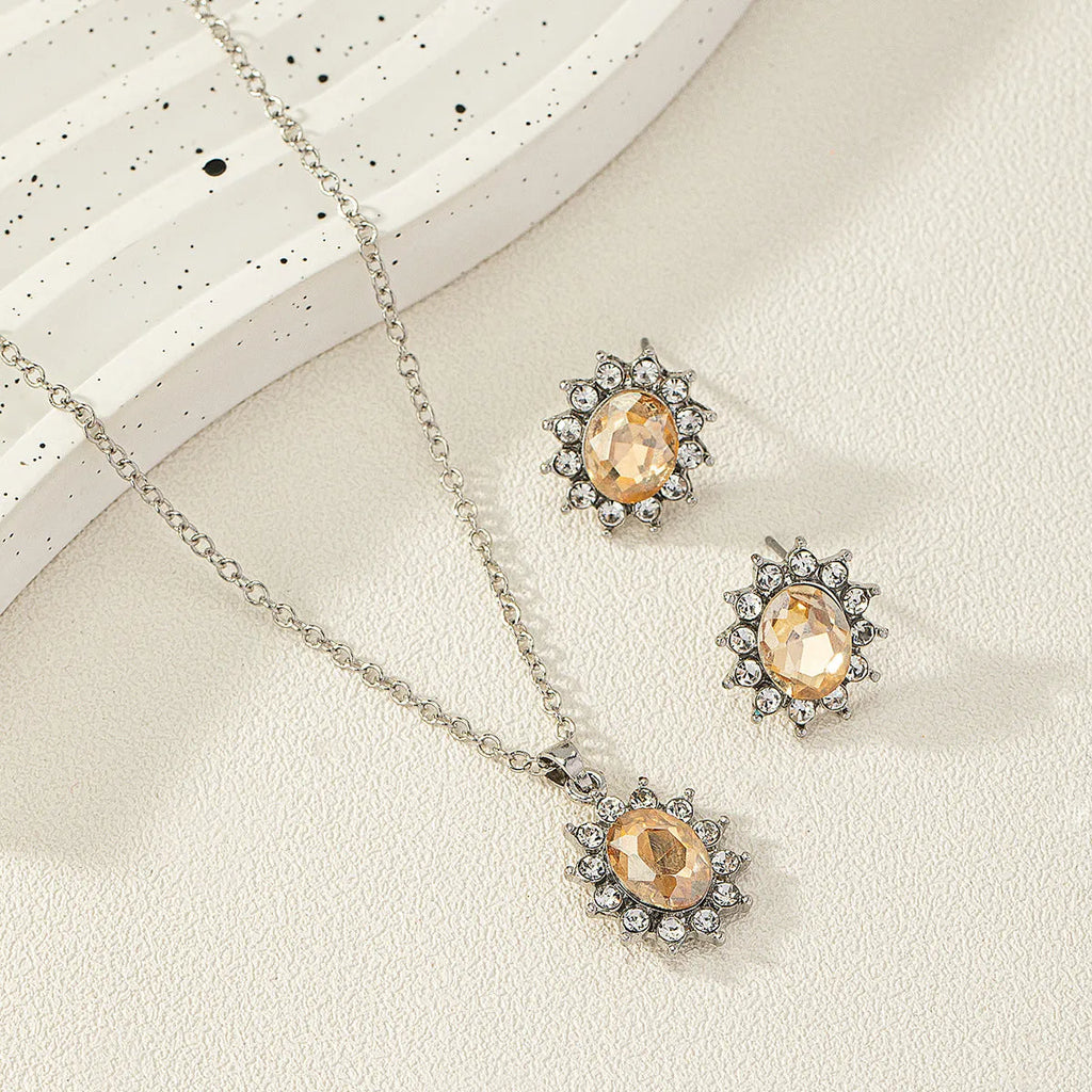 Women's sunflower zircon ear stud and necklace jewellery set in alloy with electroplated colour finish