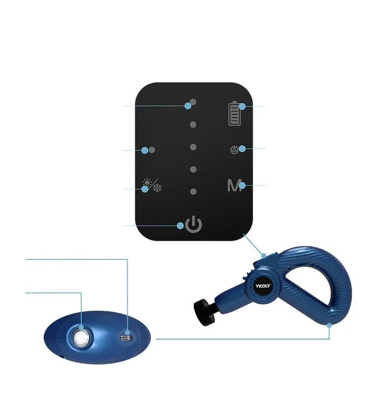 Black smart muscle massage gun with five different attachment heads on a grey background.