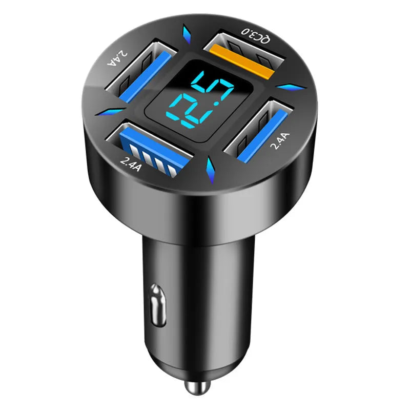 Four-port USB car charger with digital LED display for use in vehicles