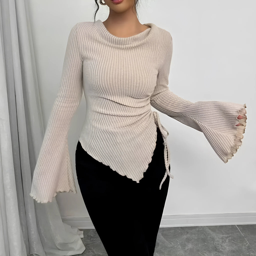 Design Sense women's rope slim pullover with long bell sleeves in apricot solid colour