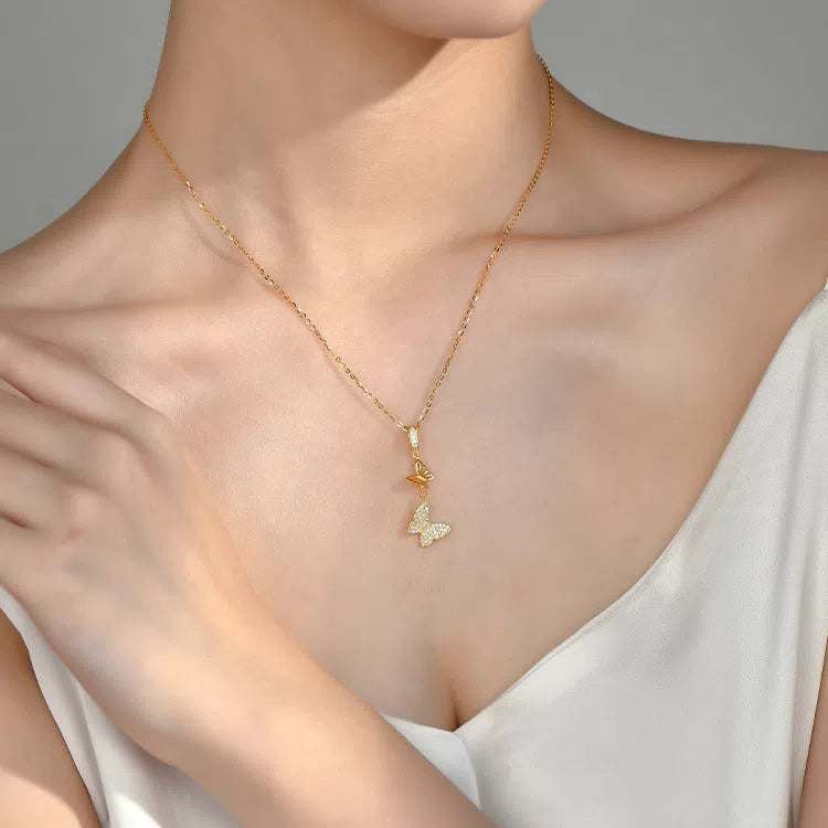 Japanese Korean style light luxury full rhinestone tassel butterfly micro-inlaid necklace on display