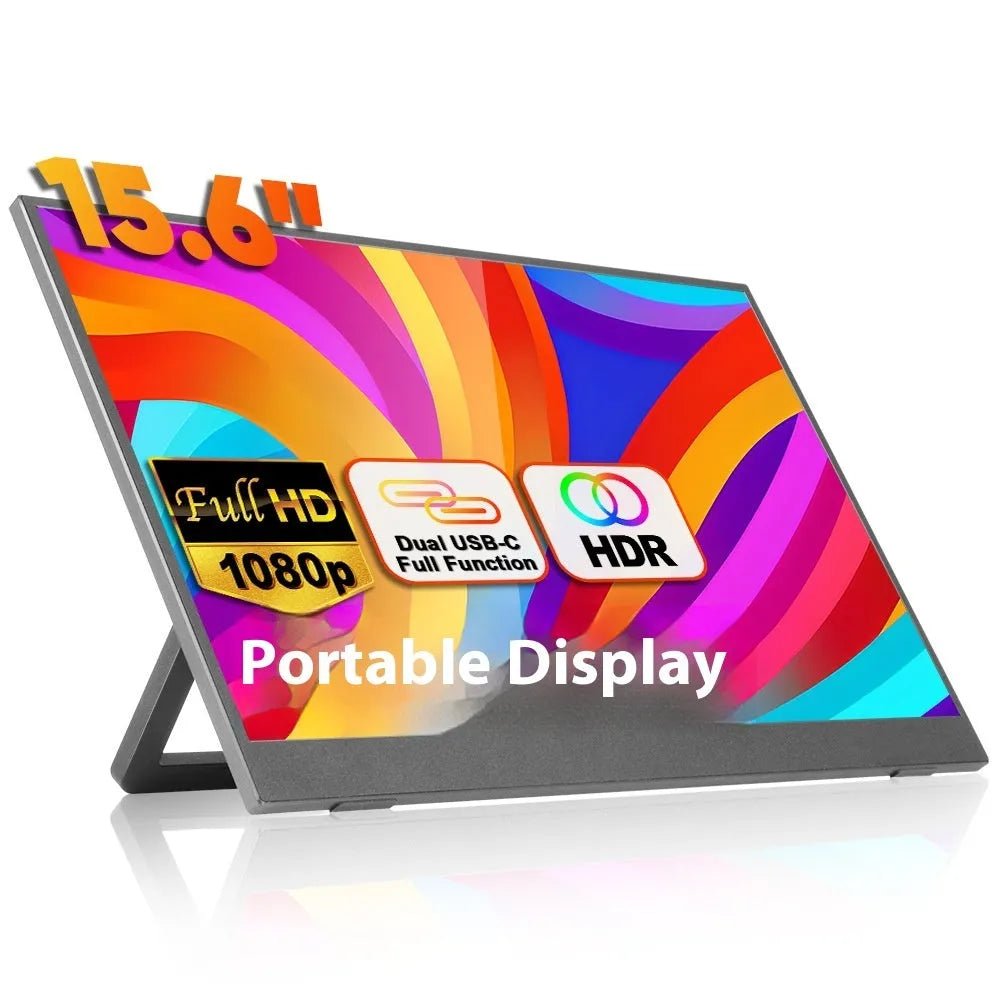Black 15.6-inch portable USB monitor on adjustable stand showing office application on screen