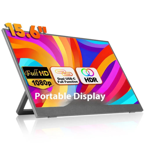 Black 15.6-inch portable USB monitor on adjustable stand showing office application on screen