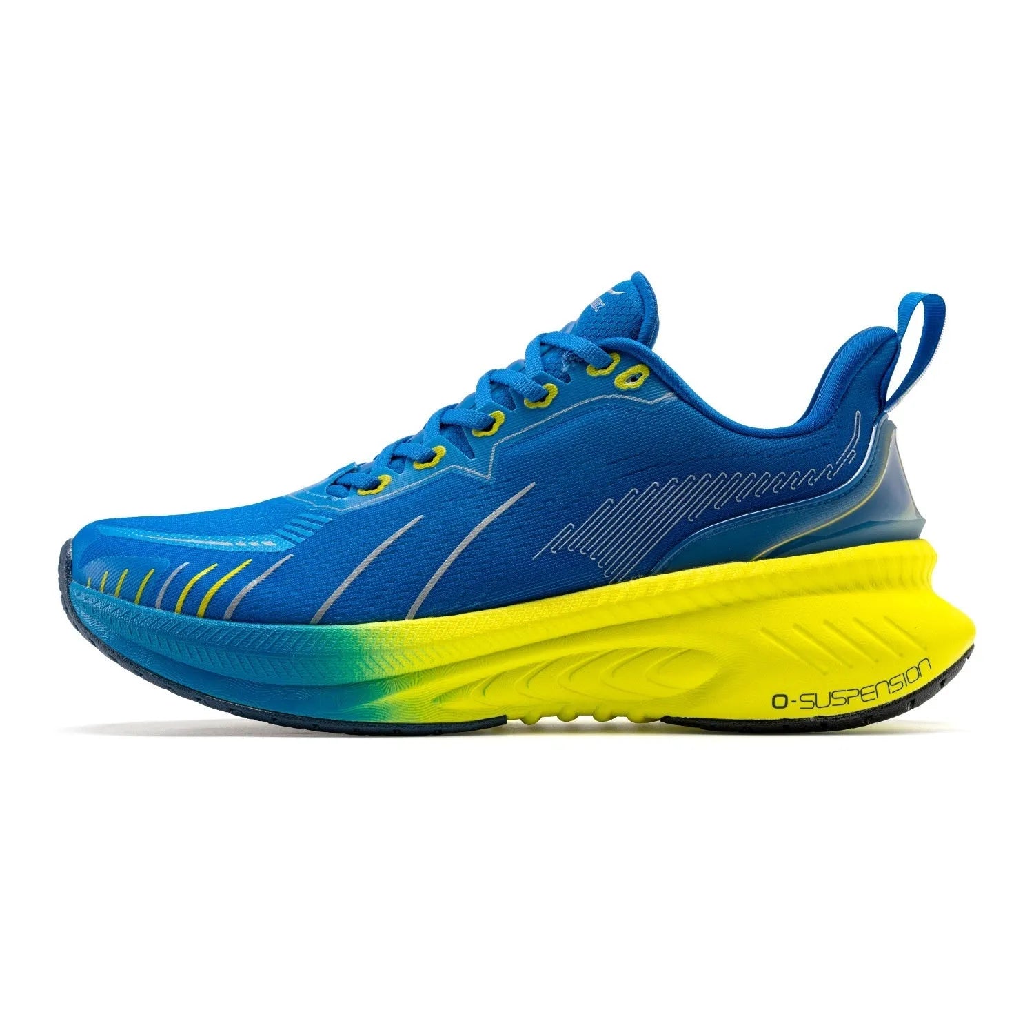 Men's low-top running shoes in various colours with rubber sole and PU mesh upper.