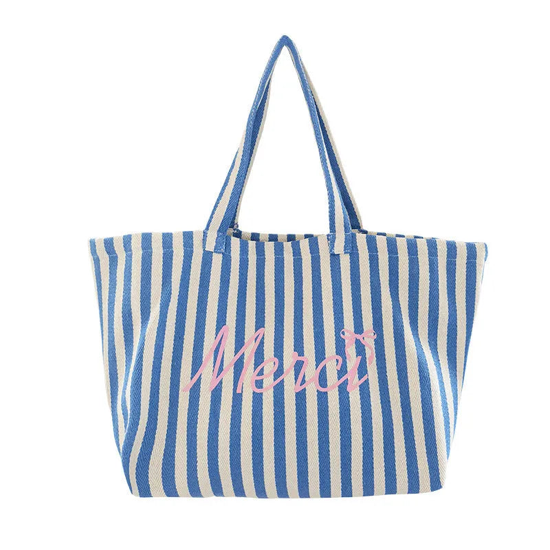 Blue striped letters printed cotton canvas bag with pink blue white stripes