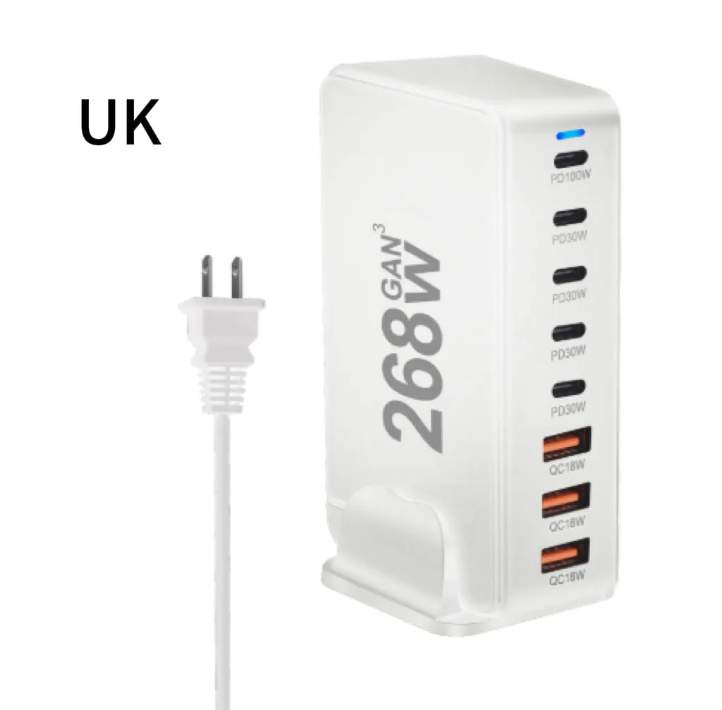268W gallium nitride 8-port desktop charger with 5 USB-C and 3 USB-A ports in white colour