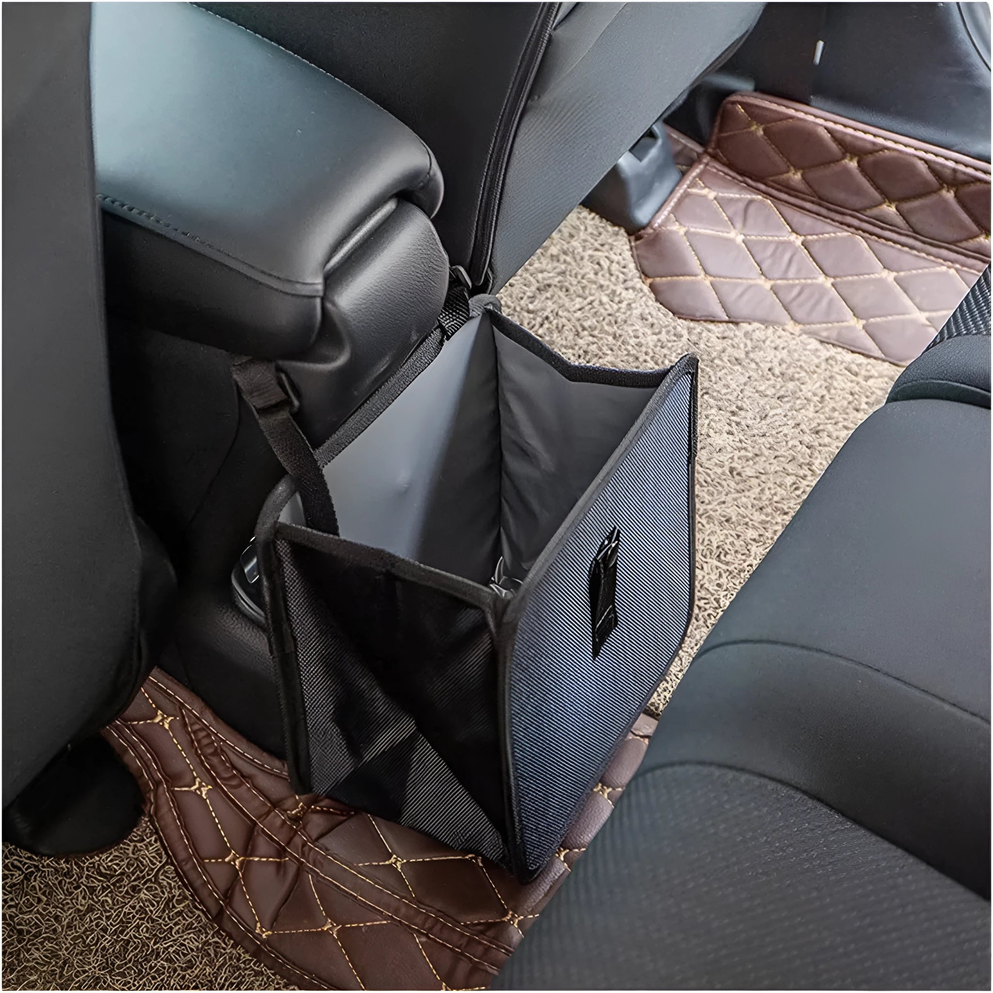 Black car folding trash can with hanging straps and 22L capacity