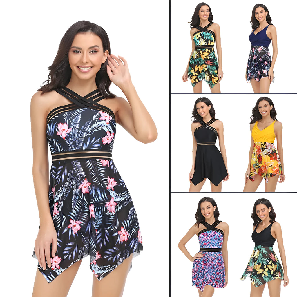 Women's one-piece swimsuit with a black tulle skirt and split-leg design on a mannequin.