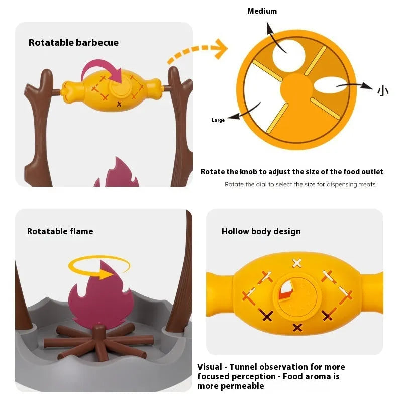 Large barbecue-themed tumbling cat feeder toy on floor, dimensions 30cm by 30cm by 29cm.