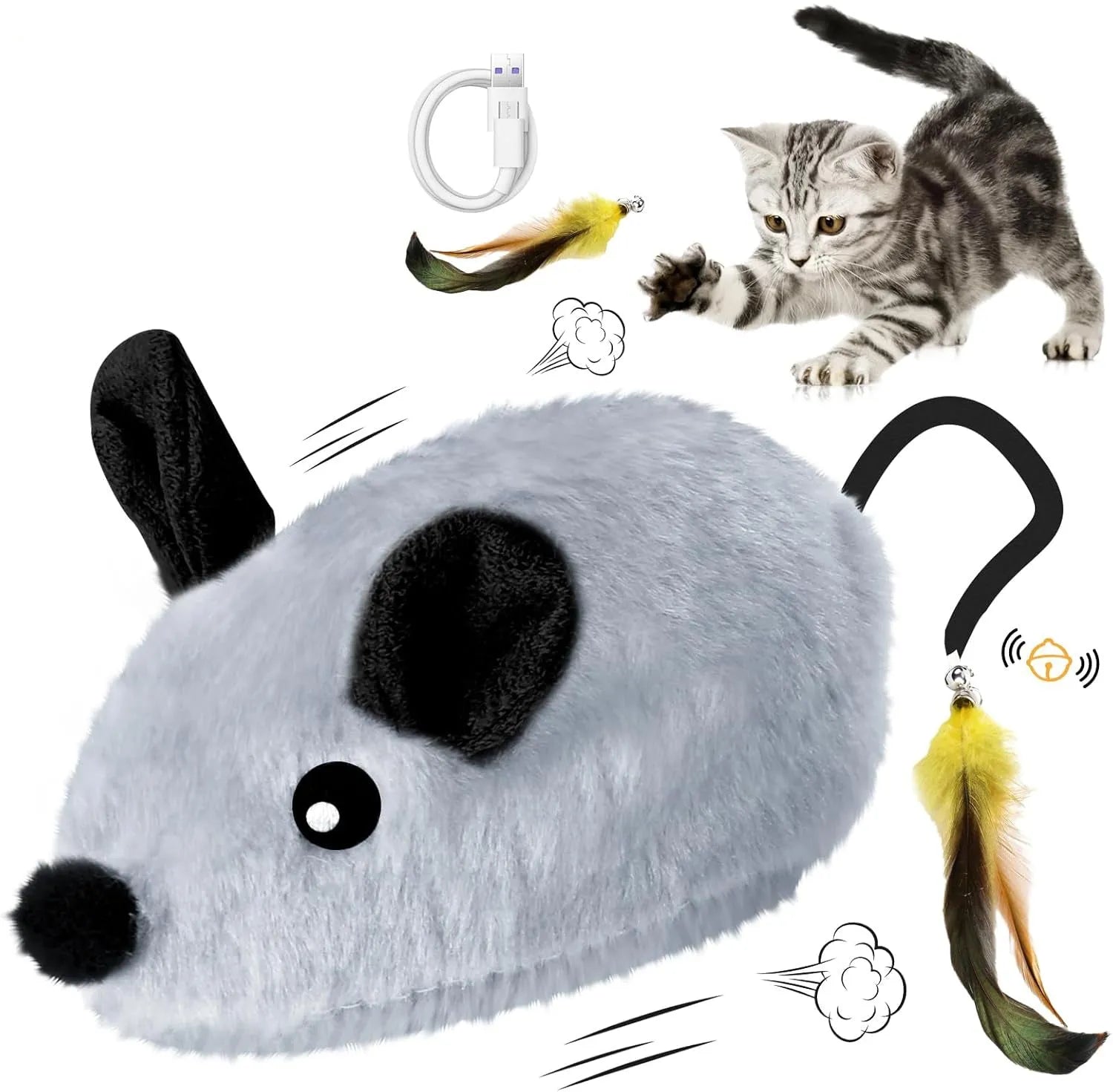 Grey and yellow interactive cat toy mouse with feather tail and LED lights on floor