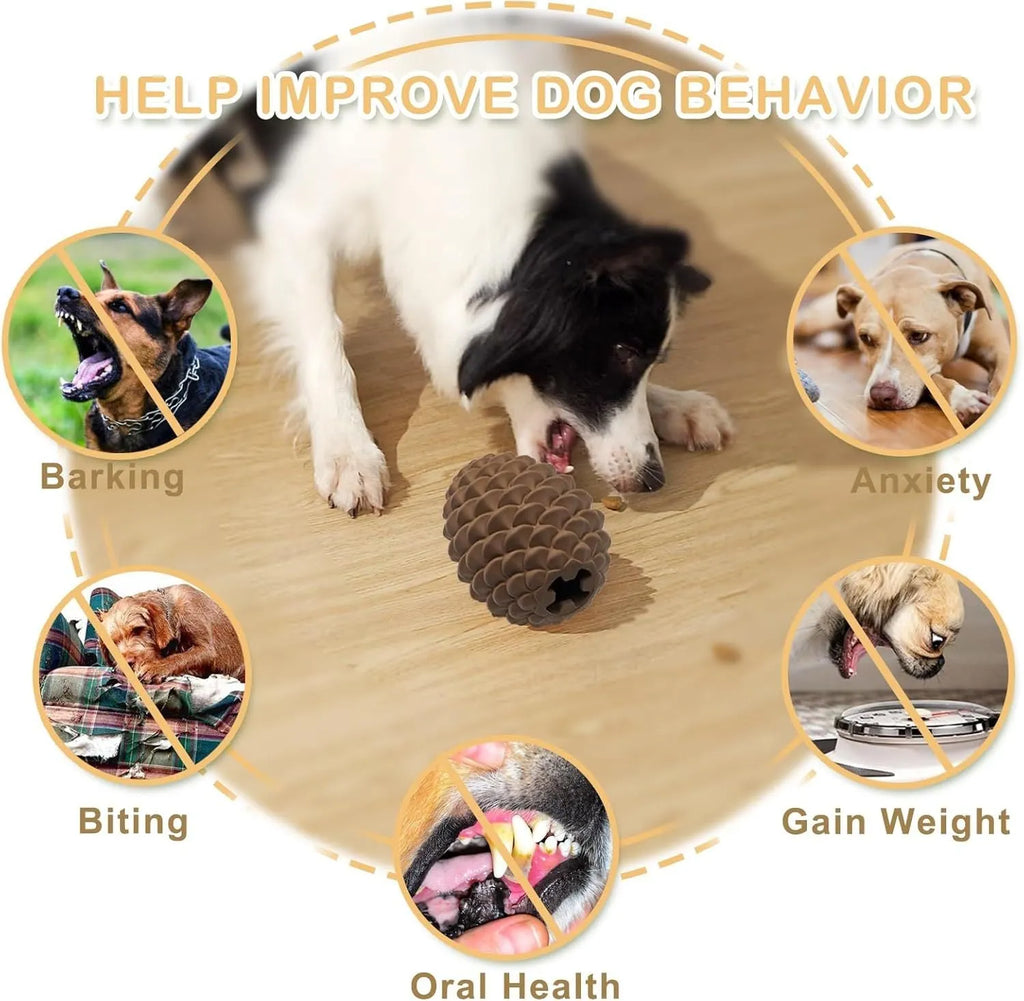 Yellow pine cone-shaped natural rubber dog chew toy with treat dispenser on a white background.