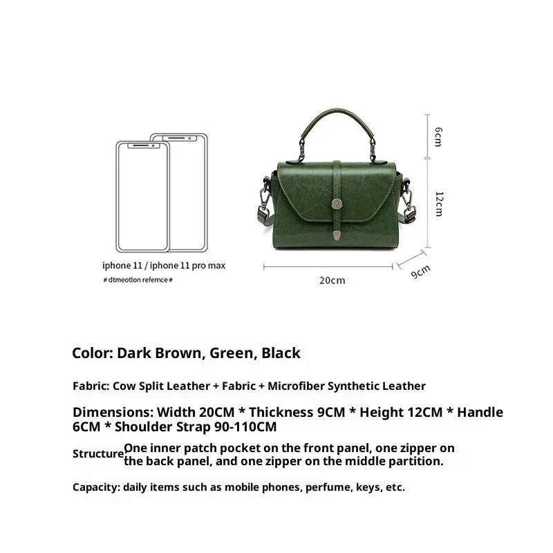 Dark brown women's genuine leather messenger bag with stitching, horizontal square shape 20x9x12 cm, front view
