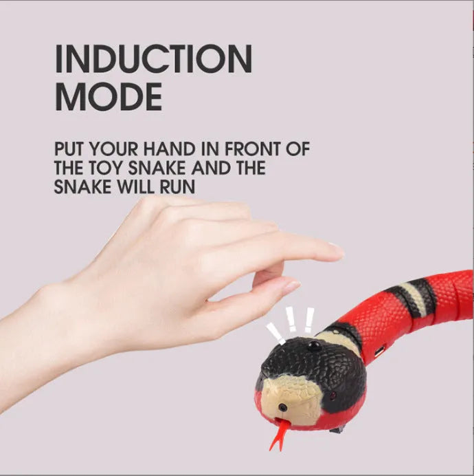 Interactive electric induction snake cat toy with flashing eyes and retractable tongue, USB rechargeable, in snake colour