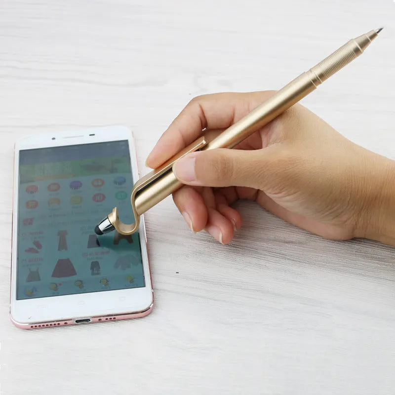 Multifunctional pen with touchscreen stylus tip and integrated mobile phone holder feature