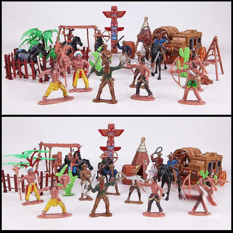 Western cowboy pulling a carriage sand play set with 19 burgundy pieces including Native Americans, cowboys, and fence