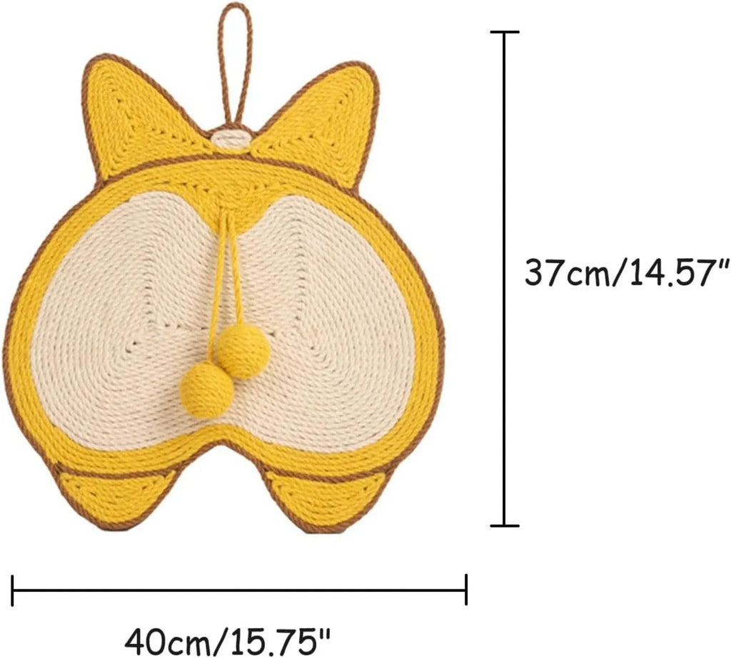 Yellow corgi-shaped sisal cat scratching pad with adhesive hooks and anti-slip base.
