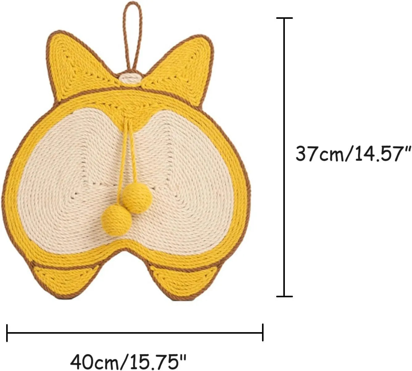 Yellow corgi-shaped sisal cat scratching pad with adhesive hooks and anti-slip base.
