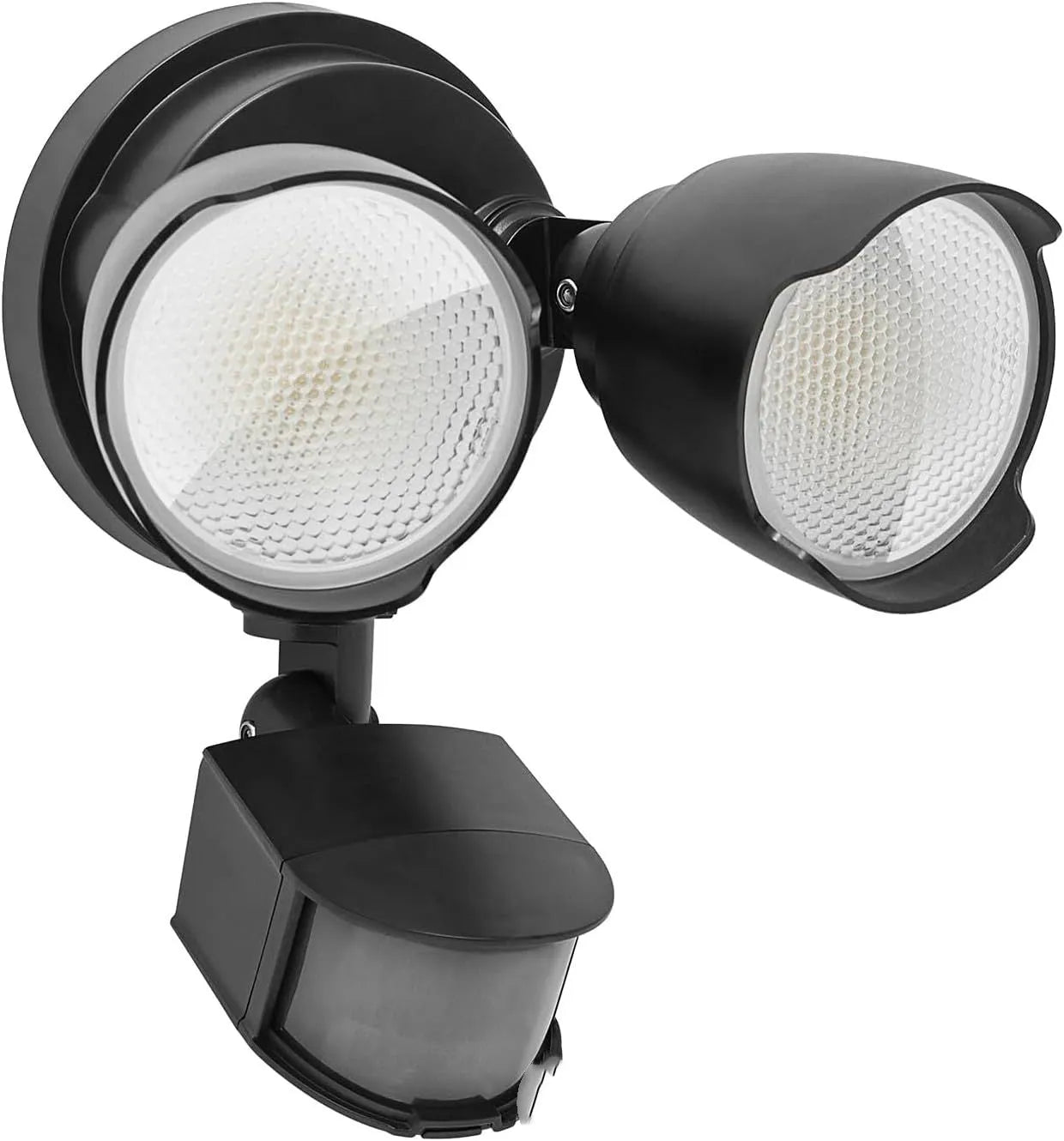 White LED security floodlight with motion sensor mounted on an exterior wall.