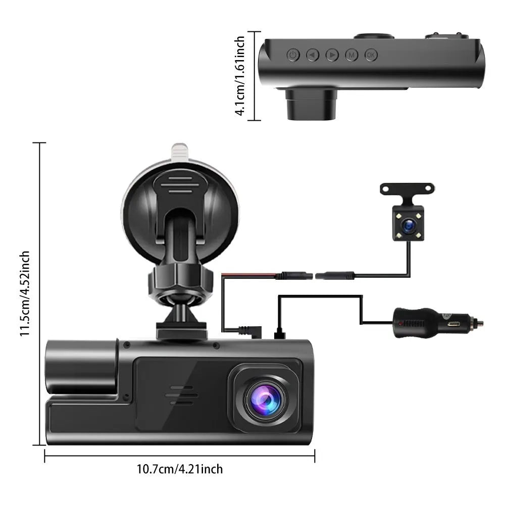 Black front and rear Wi-Fi car dash cam with 2.0 inch screen mounted on windscreen, showing rear camera feed.