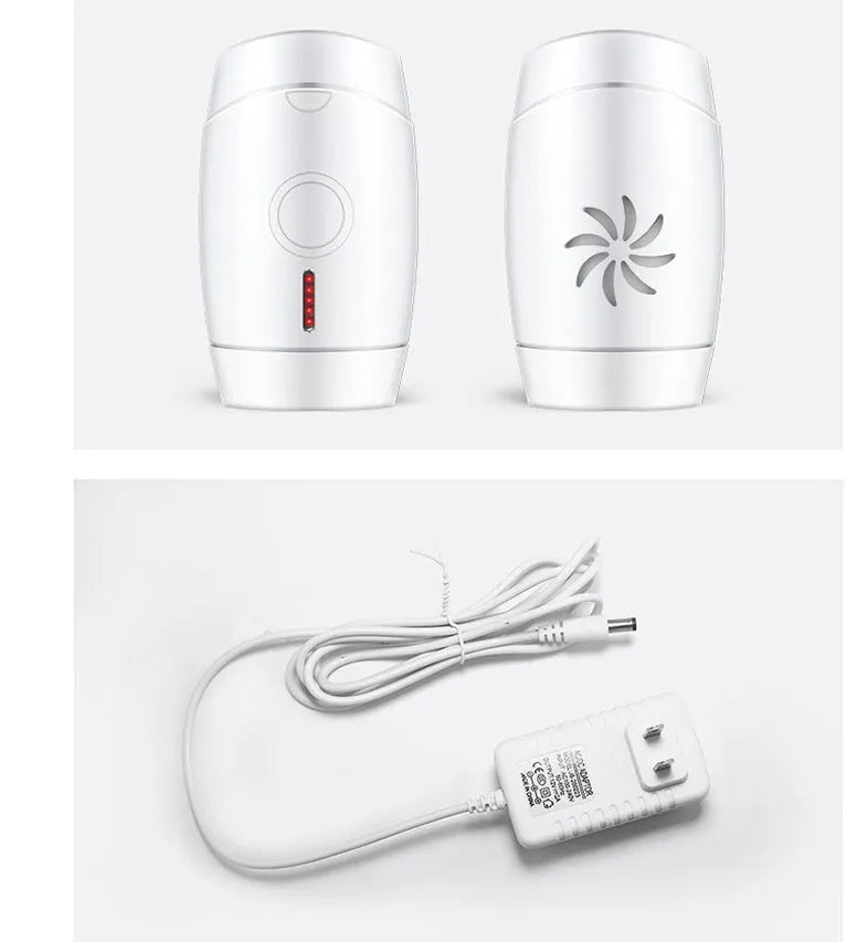 White home laser hair removal device with display screen and button for adjusting five energy levels.