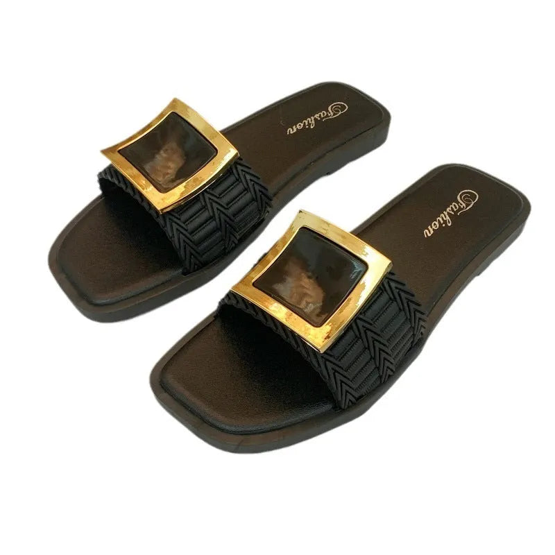 Women's casual flat summer slippers with PVC soles in apricot, black and khaki colour options