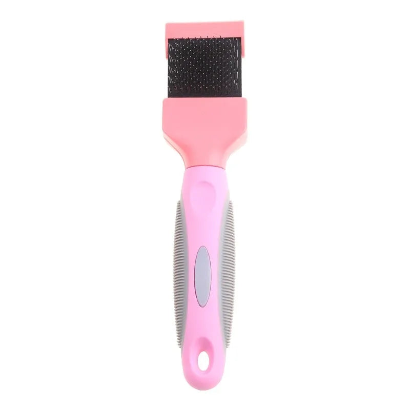 Double-sided pet brush with stainless steel pins and blue ABS handle for dog and cat grooming