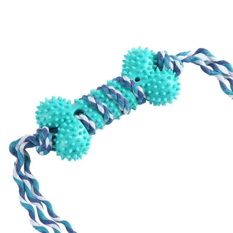 Plastic dog rope bite ball chew toy for molar teeth cleaning in blue orange green yellow grey