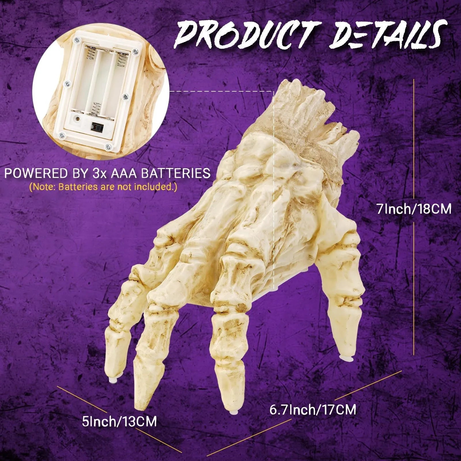 Halloween electric luminous crawling hand on floor, glowing warm colour, vinyl zombie hand with spooky sound