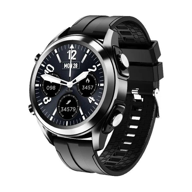 Men's black Bluetooth smart watch with silicone wristband showing heart rate monitor on screen
