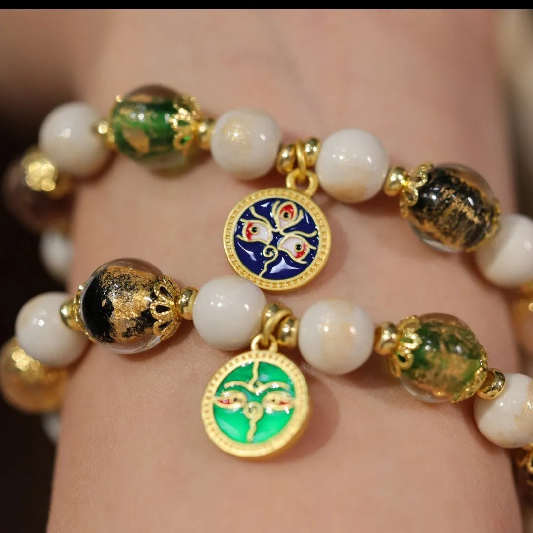 Handmade fragrant gray porcelain bracelet with Five Gods of Wealth motif and 10mm geometric beads