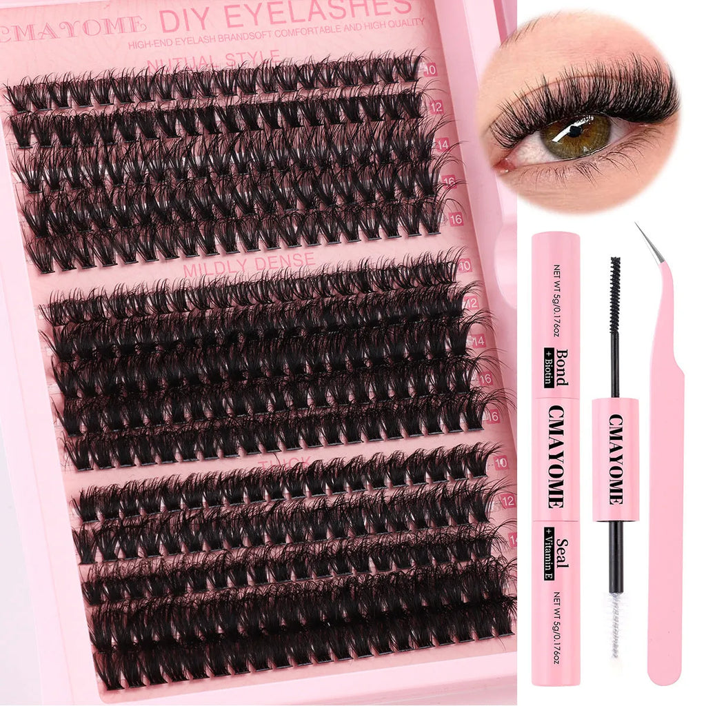 DIY false eyelashes extension kit showing single cluster lashes and eyelash tweezers on a clean surface