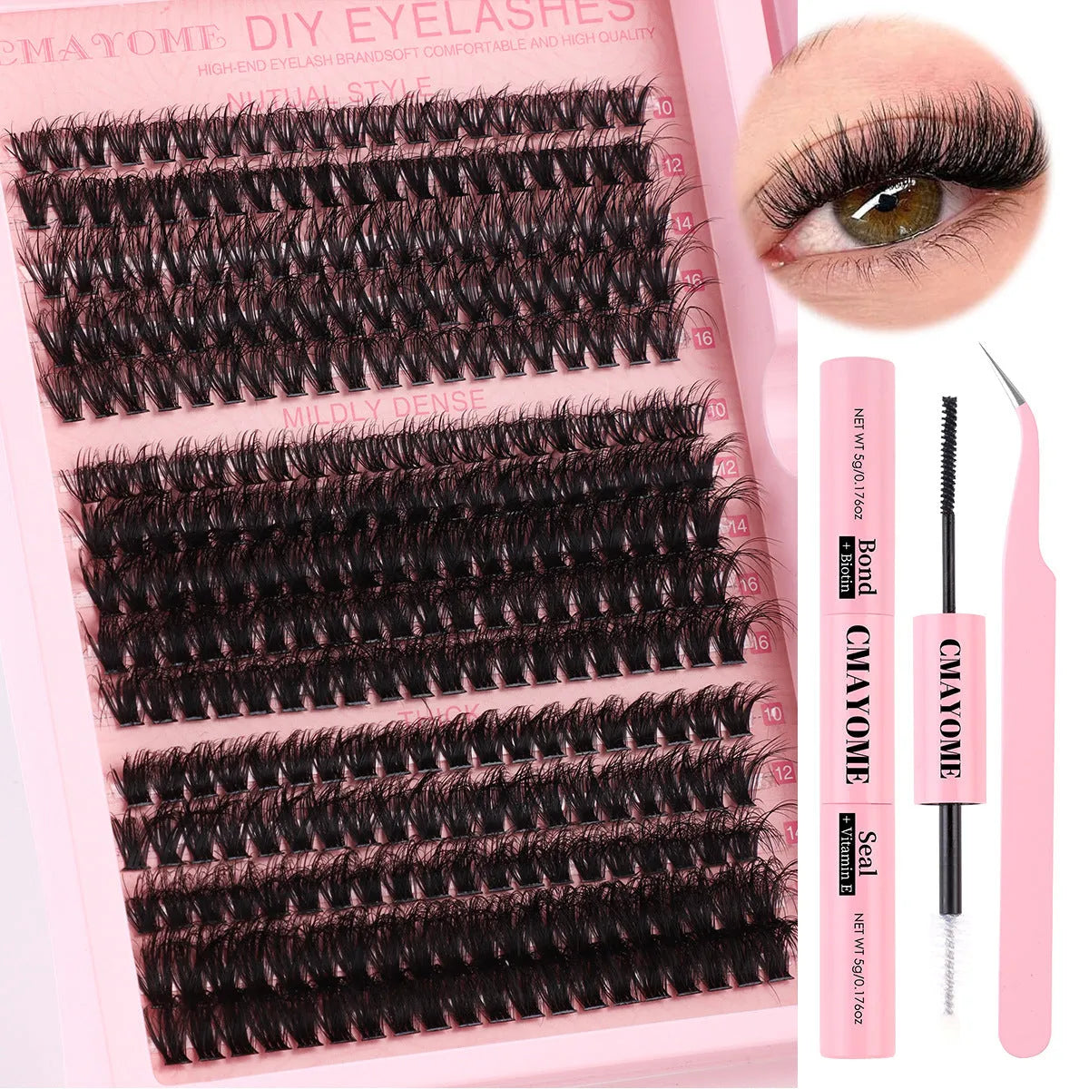DIY false eyelashes extension kit showing single cluster lashes and eyelash tweezers on a clean surface