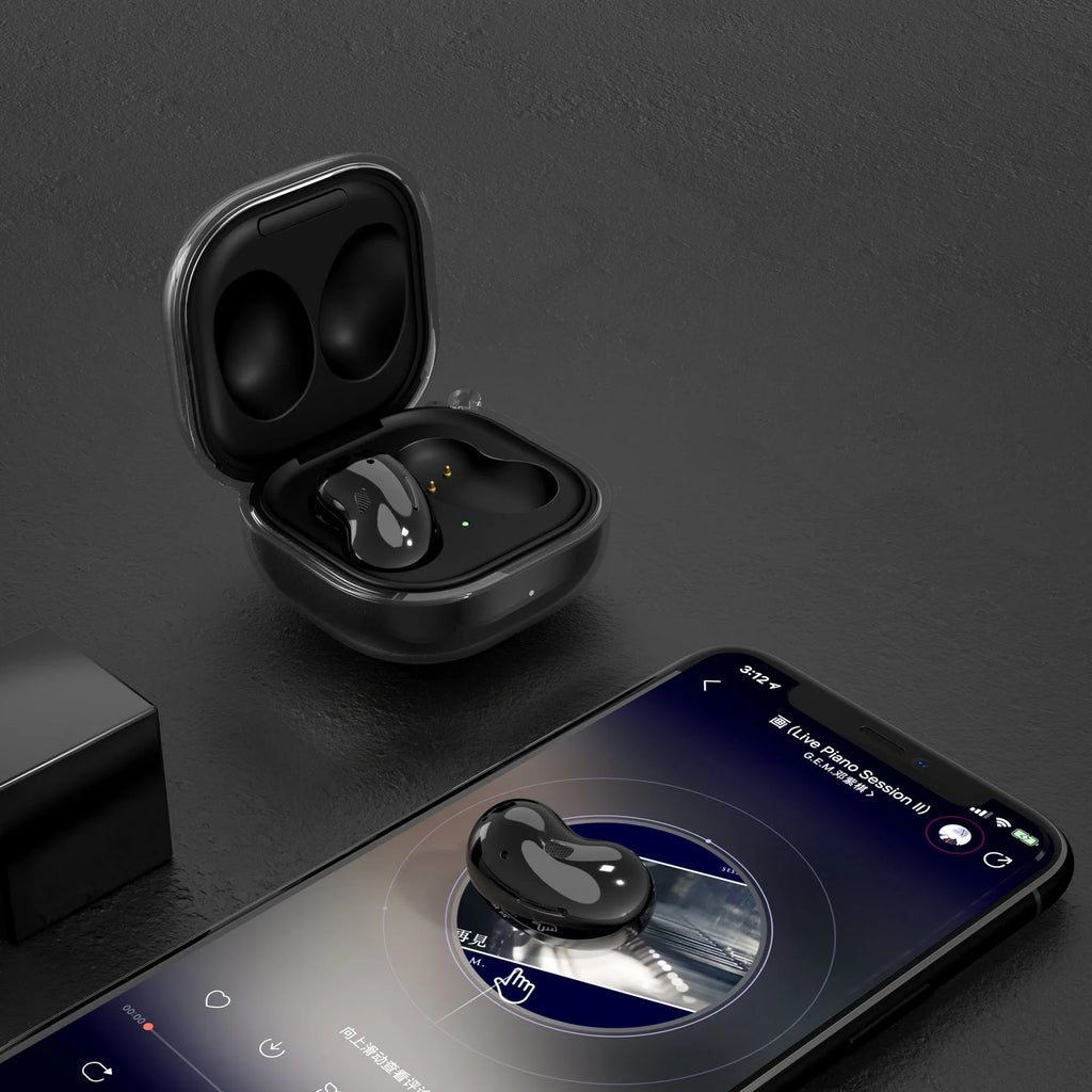 Translucent clamshell-style plastic case for Bluetooth earbuds in gold, black, purple, and clear.