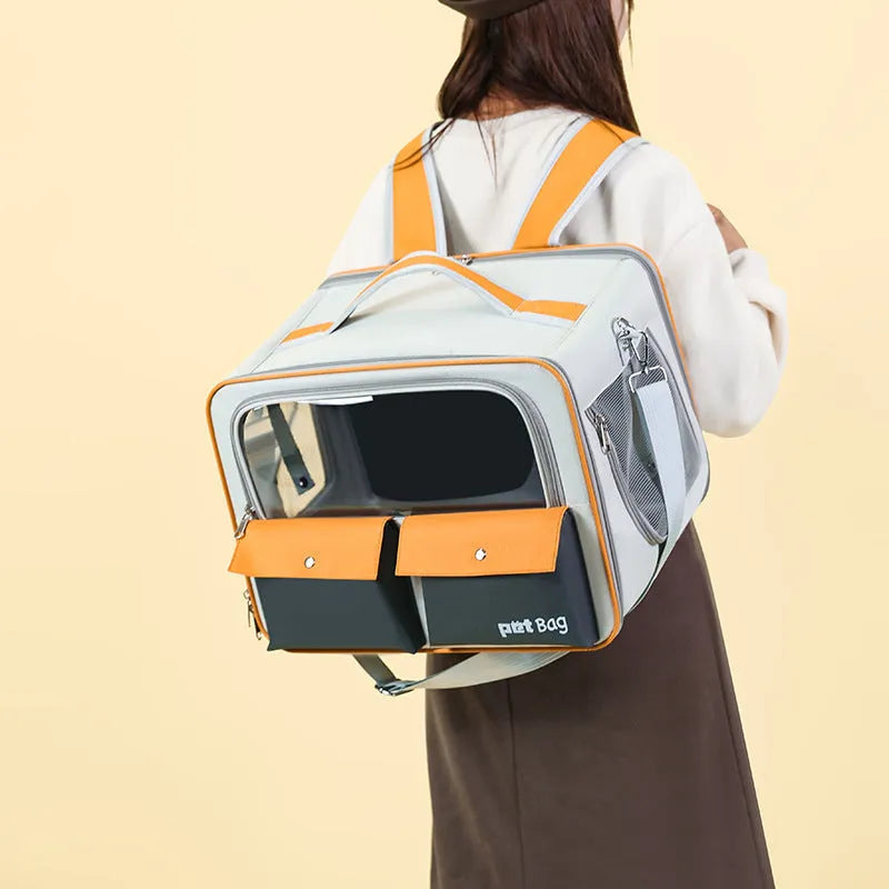 Portable outdoor cat backpack in 1061 yellow nylon with breathable foldable design