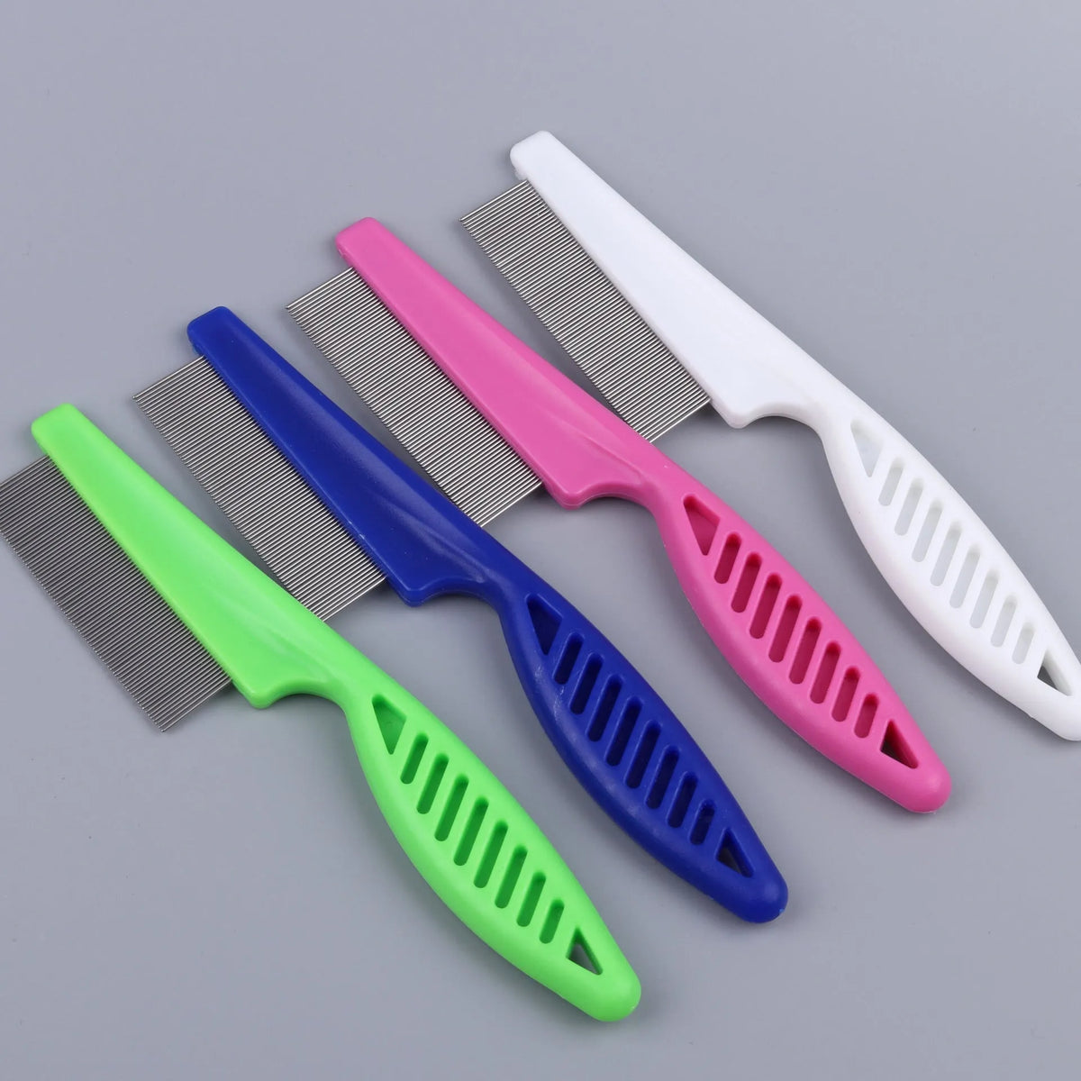 Fine teeth dog grooming comb in stainless steel, large 18.5cm or small 14cm, blue green pink or white