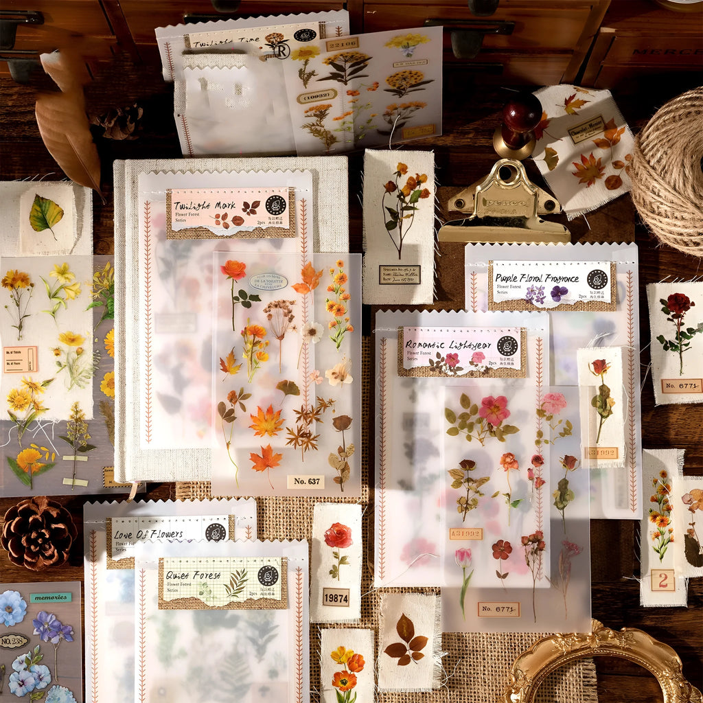 Huazhisen Series forest theme art sticker pack showing transfer paper and cotton linen sheets in literary style