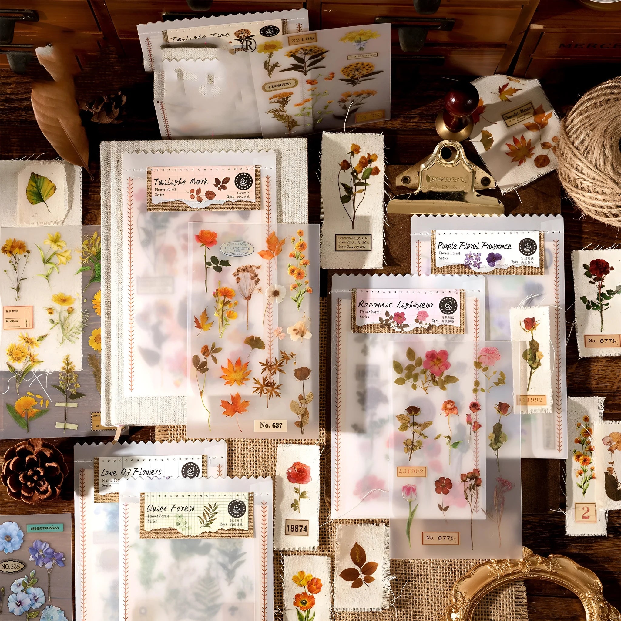 Huazhisen Series forest theme art sticker pack showing transfer paper and cotton linen sheets in literary style