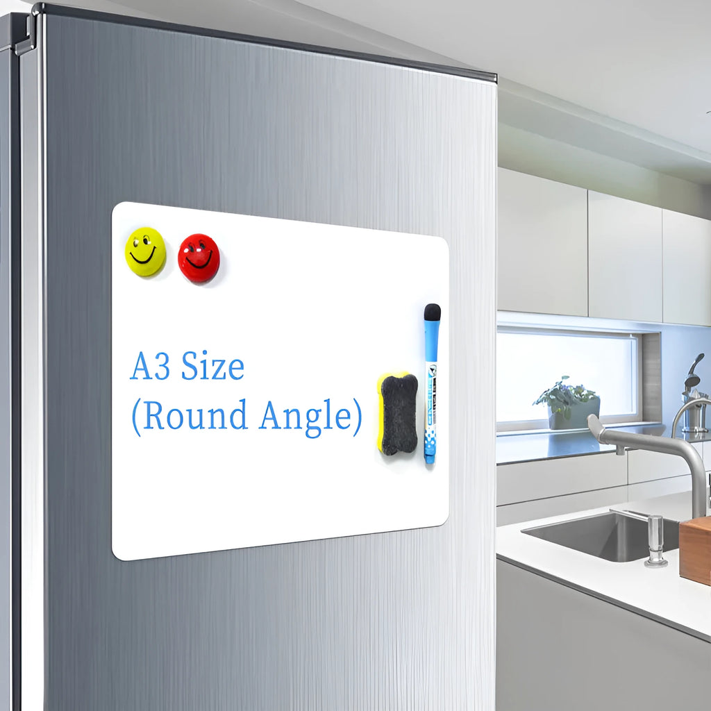A3 magnetic soft whiteboard with rounded corners on refrigerator door showing handwritten notes